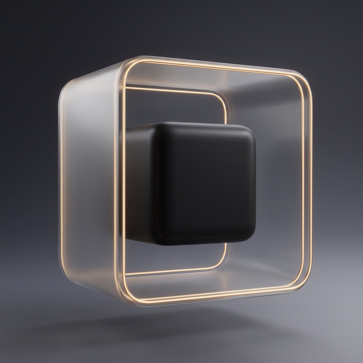 A black cube sealed inside a translucent glass enclosure outlined in gold